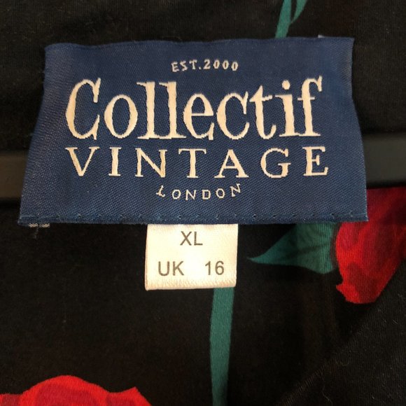 Collectif Vintage UK 16/US 12 Pencil Dress Black with red roses - Picture 2 of 4